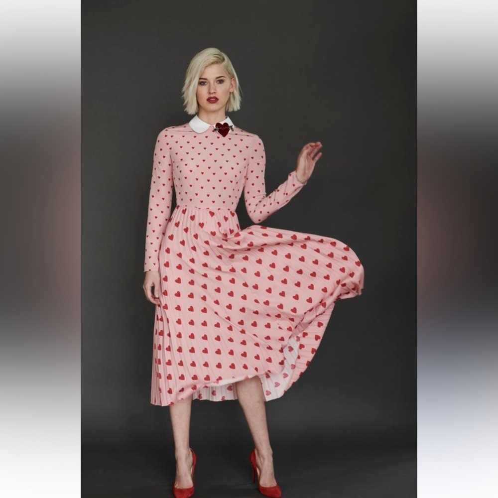 VALENTINO Valentines Heart Midi Maxi Pleated Chine Red Pink Heart Dress 38 8 - Picture 2 of 16